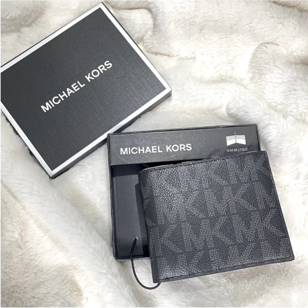 NEW Michael Kors Mens Slim Billfold‎ Wallet Black Grey Signature Monogram